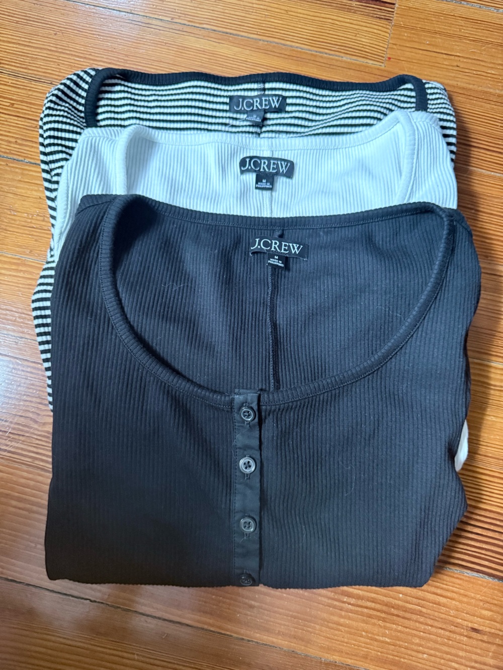 J. Crew Ribbed Henley Tops - Black, White, Striped Black & White